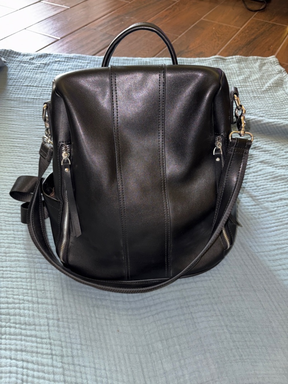 Classic Black Leather Backpack - Women's Convertible Carry